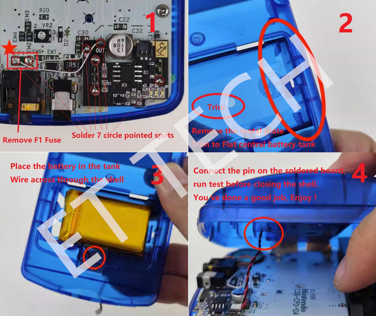 FunnyPlaying Game Boy Color Rechargable Battery Mod Kit with Full Tuto ...