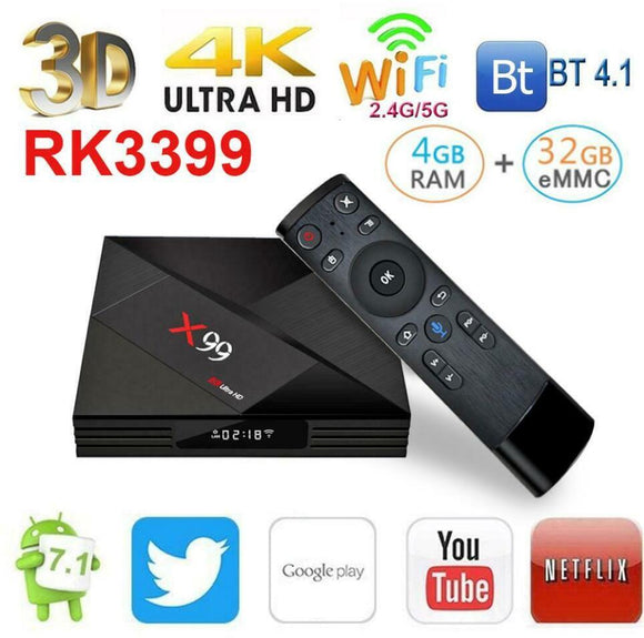 X99 Android 7.1 TV Box RK3399 4GB+32GB 5G WiFi Set-top Box w/Voice Remote